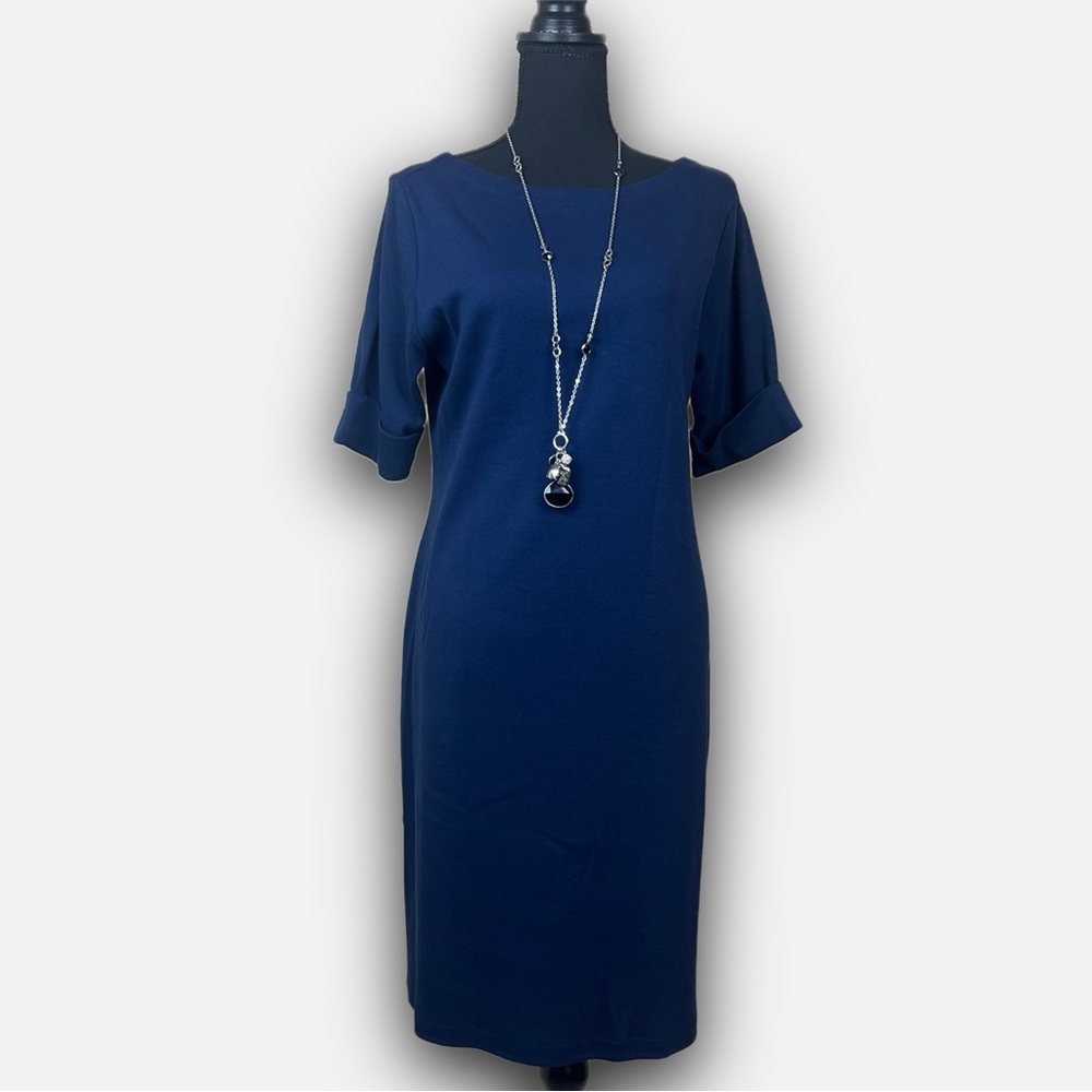 Karen Scott Sport Mid Length 100% Cotton Navy Dress with Cuff Sleeves Size M - Picture 2 of 11